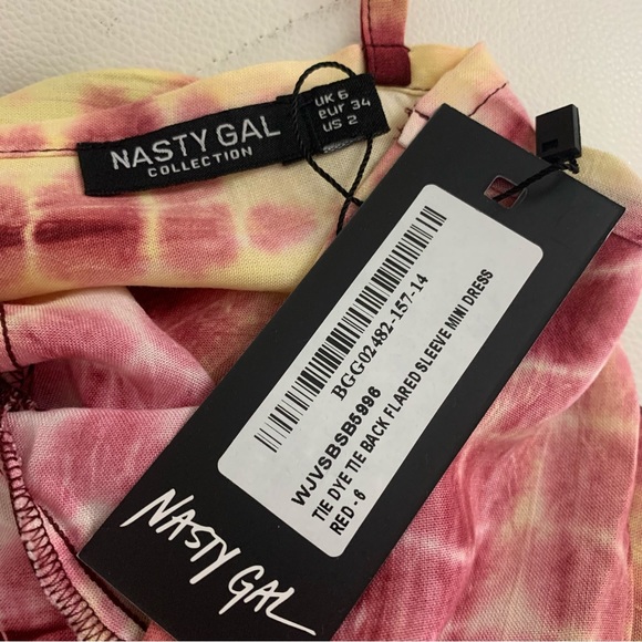 NWT Nasty Gal Tie Dye Open Tie Back Flared Sleeve Mini Dress Magenta Yellow 2 - Picture 9 of 10